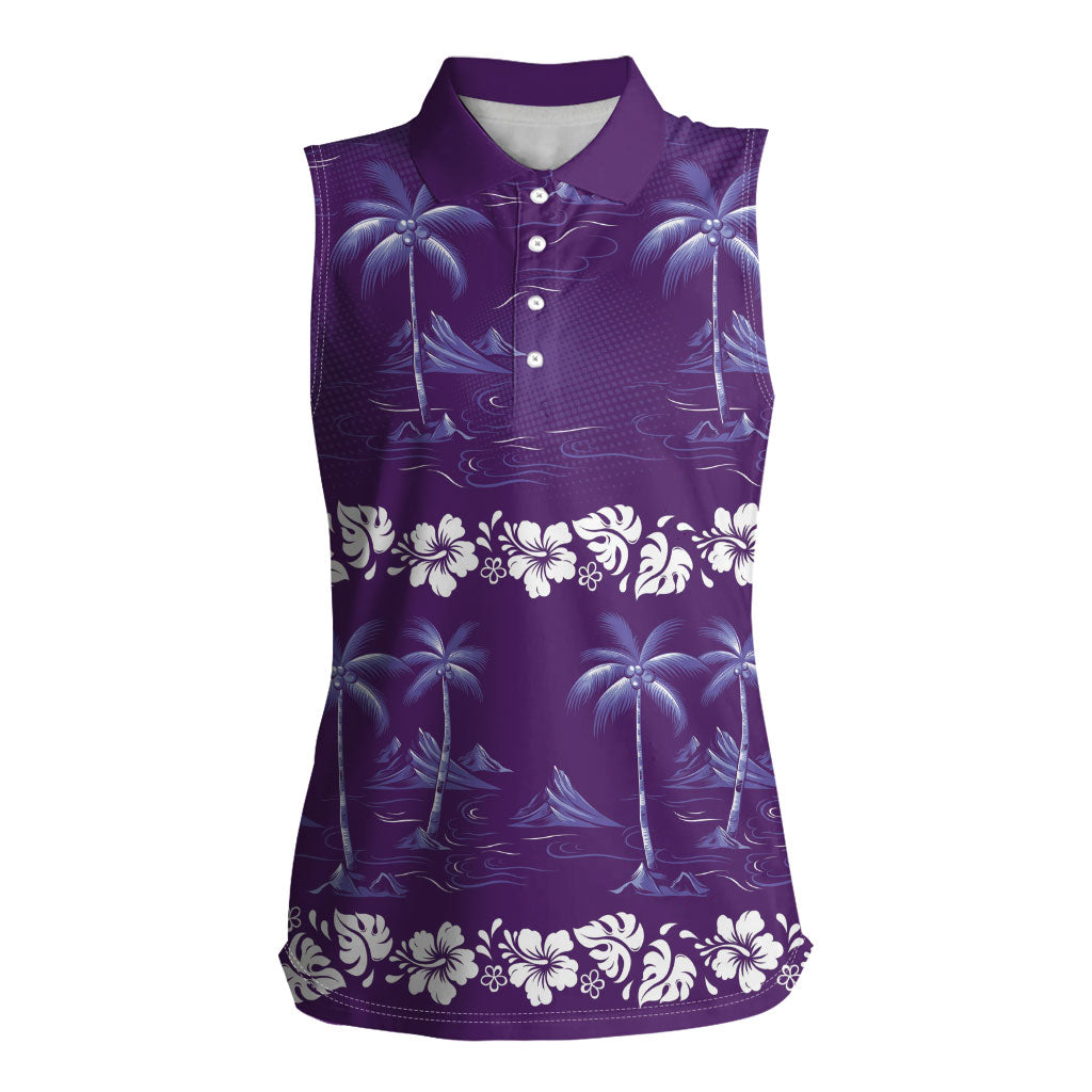 Purple Hawaii Palm Tree Hibiscus Women Sleeveless Polo Shirt Fantasy Summer Vibe LT01 Female Purple - Polynesian Pride