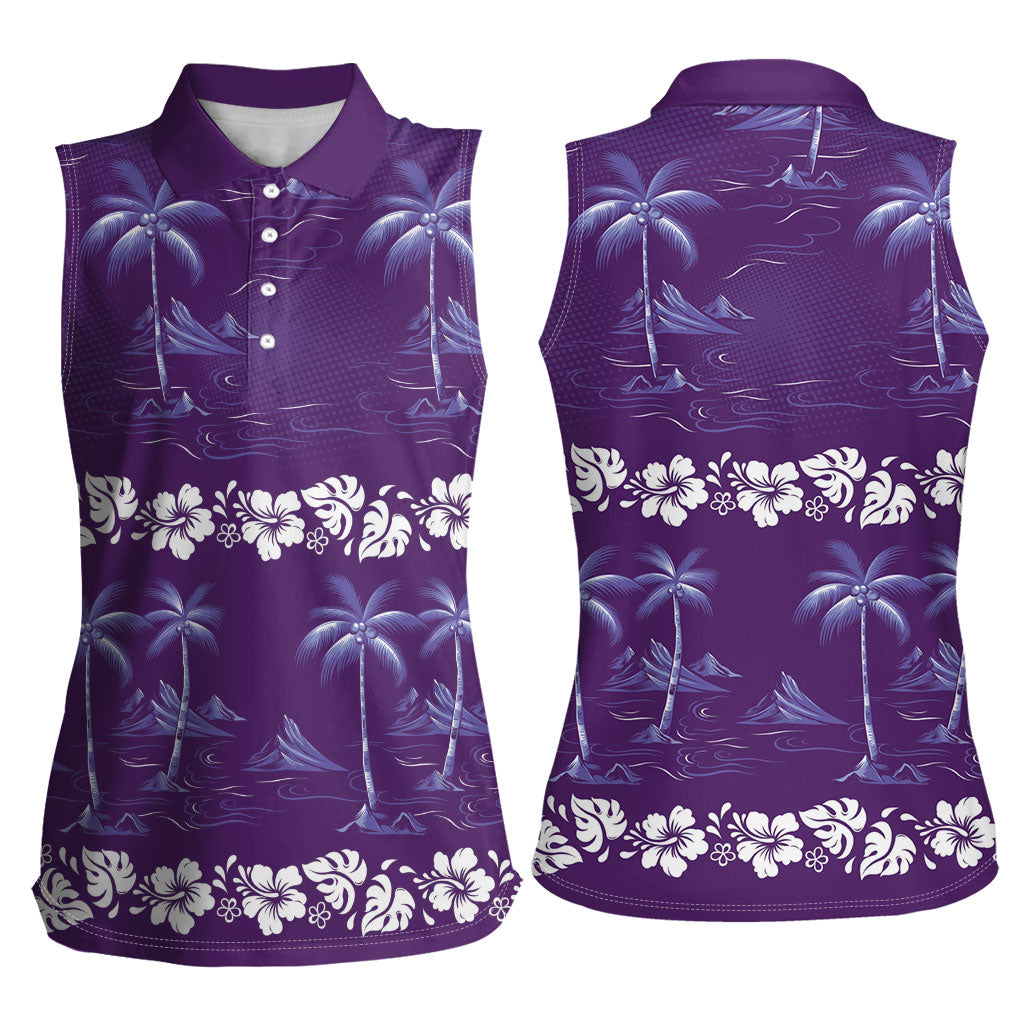Purple Hawaii Palm Tree Hibiscus Women Sleeveless Polo Shirt Fantasy Summer Vibe LT01 - Polynesian Pride
