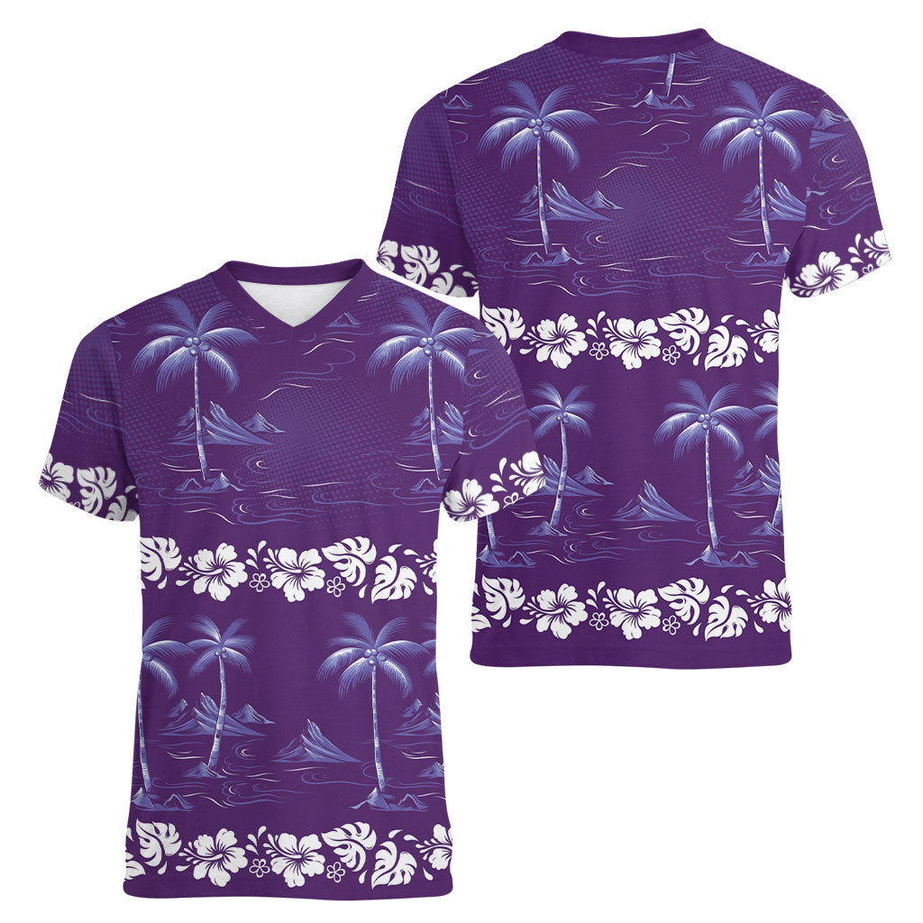 Purple Hawaii Palm Tree Hibiscus Women V-Neck T-Shirt Fantasy Summer Vibe LT01 - Polynesian Pride