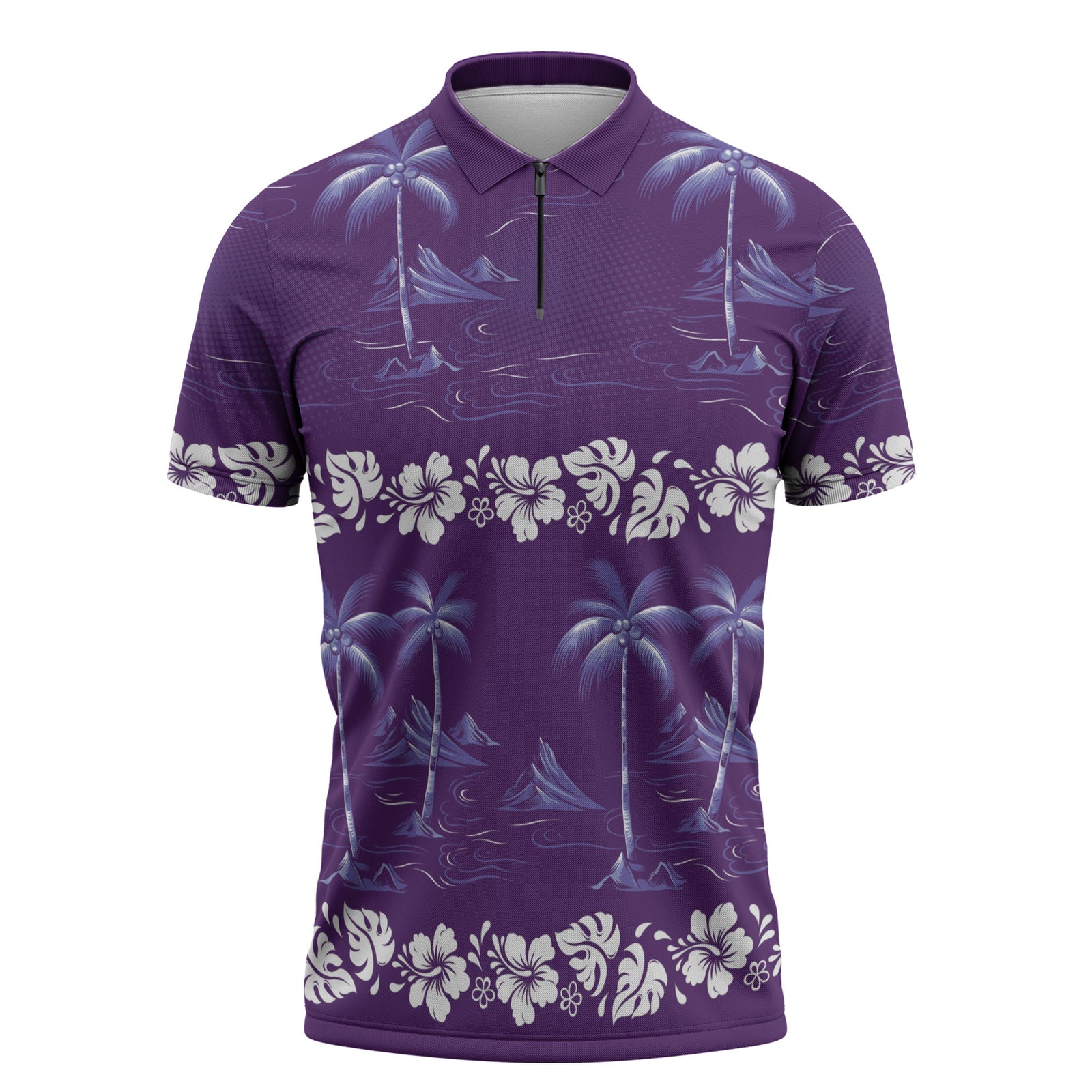 Purple Hawaii Palm Tree Hibiscus Zipper Polo Shirt Fantasy Summer Vibe