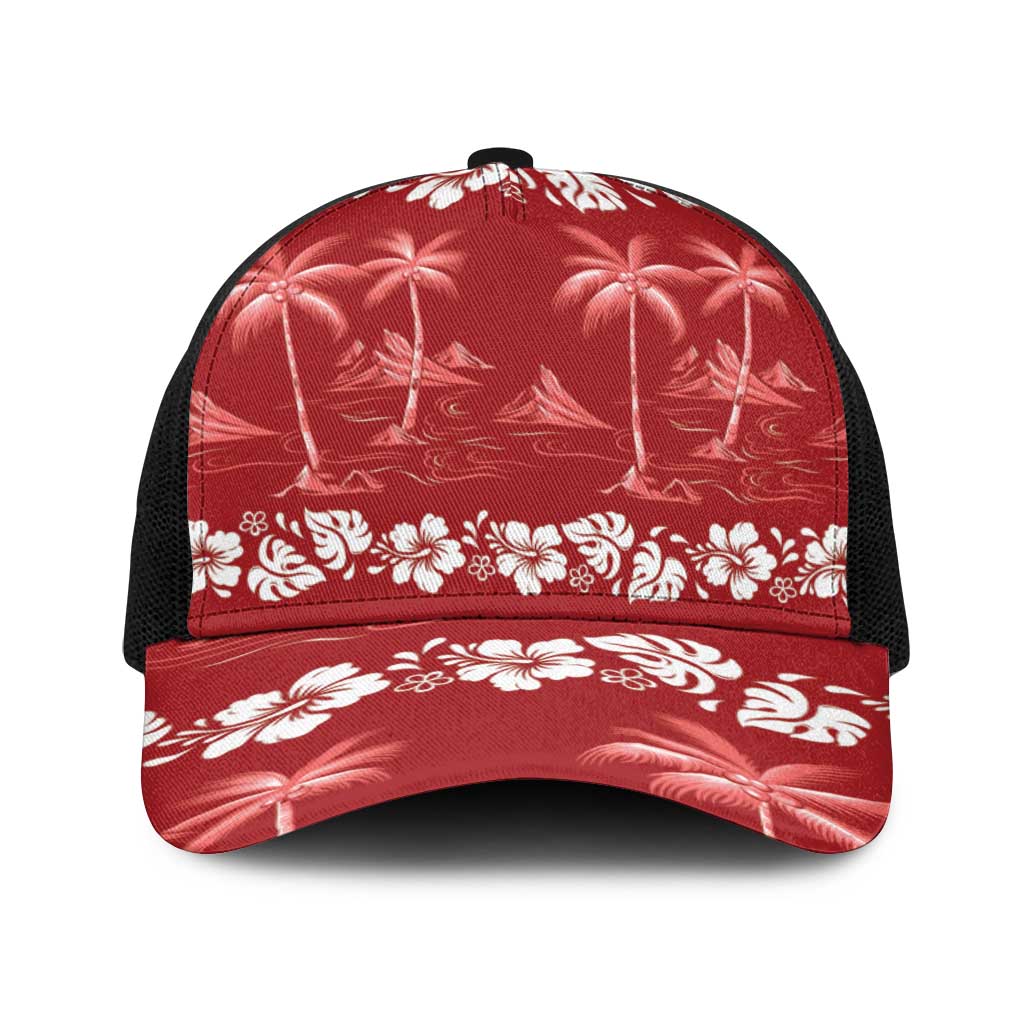 Red Hawaii Palm Tree Hibiscus Baseball Net Cap Fantasy Summer Vibe