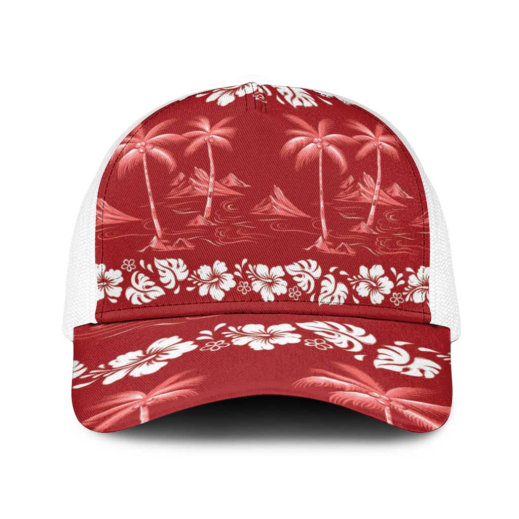 Red Hawaii Palm Tree Hibiscus Baseball Net Cap Fantasy Summer Vibe