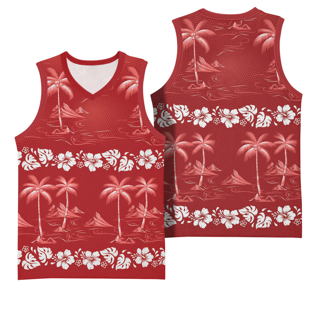 Red Hawaii Palm Tree Hibiscus Basketball Jersey Fantasy Summer Vibe LT01 - Polynesian Pride