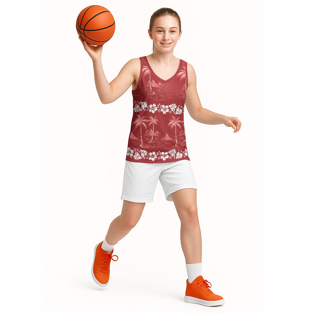 Red Hawaii Palm Tree Hibiscus Basketball Jersey Fantasy Summer Vibe LT01 - Polynesian Pride