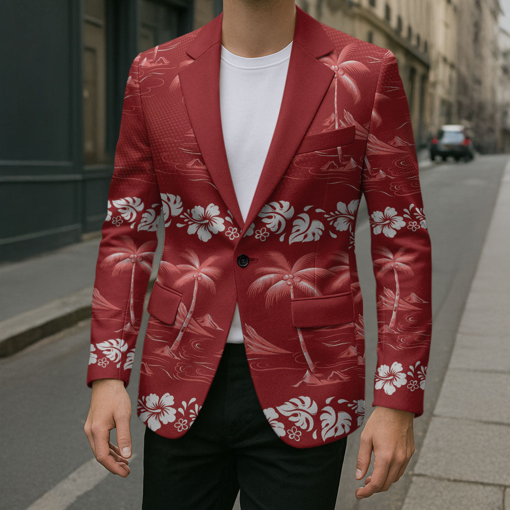 Red Hawaii Palm Tree Hibiscus Blazer Fantasy Summer Vibe