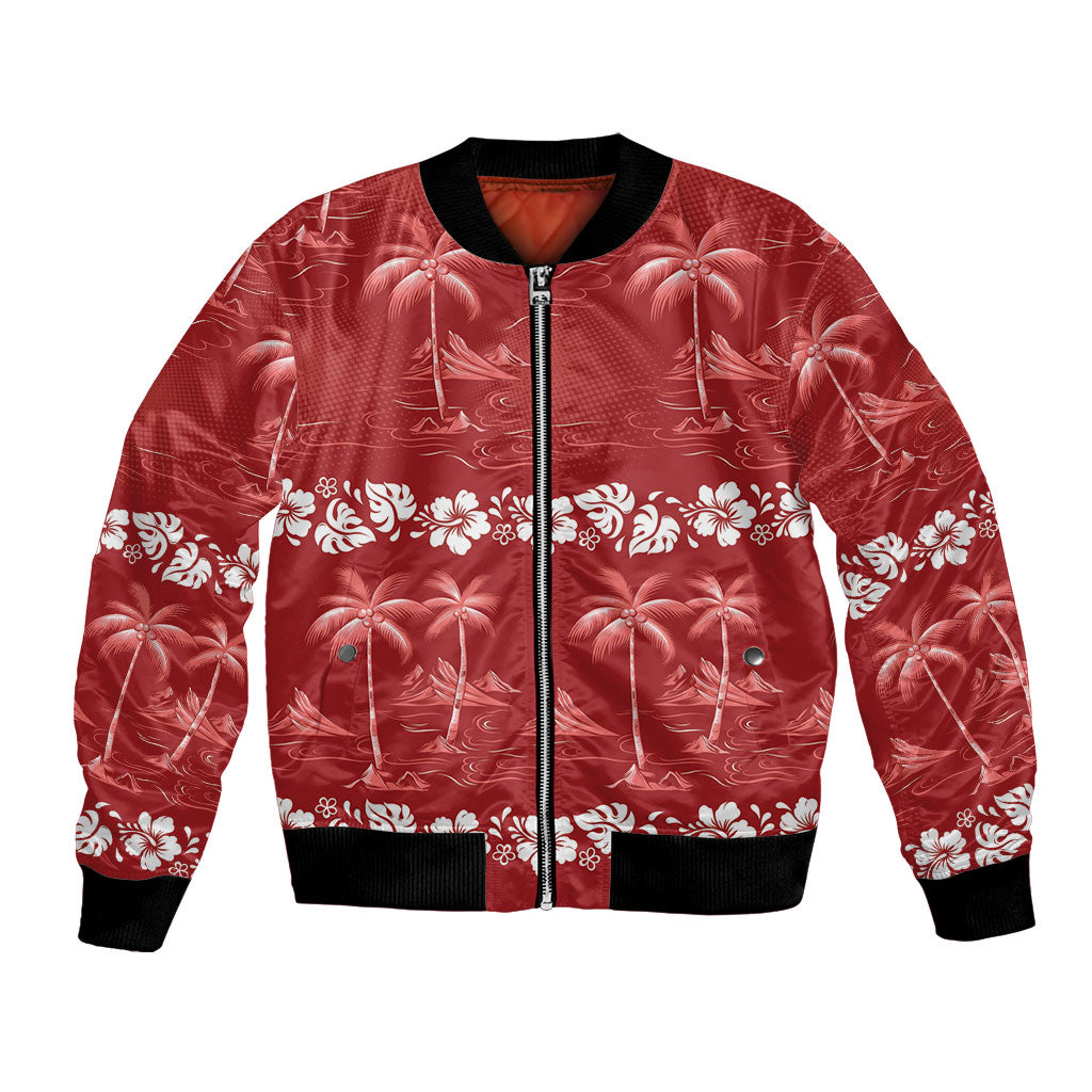 Red Hawaii Palm Tree Hibiscus Bomber Jacket Fantasy Summer Vibe