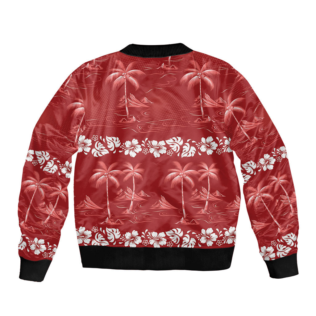 Red Hawaii Palm Tree Hibiscus Bomber Jacket Fantasy Summer Vibe