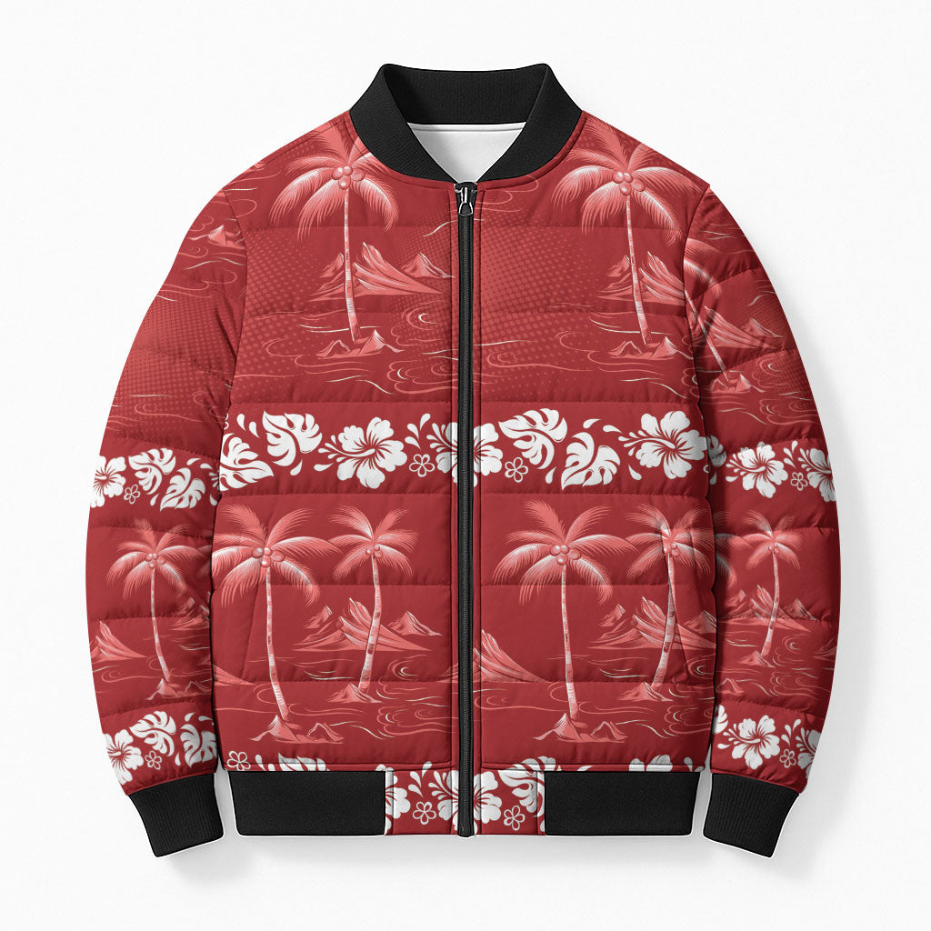Red Hawaii Palm Tree Hibiscus Bomber Puffer Jacket Fantasy Summer Vibe