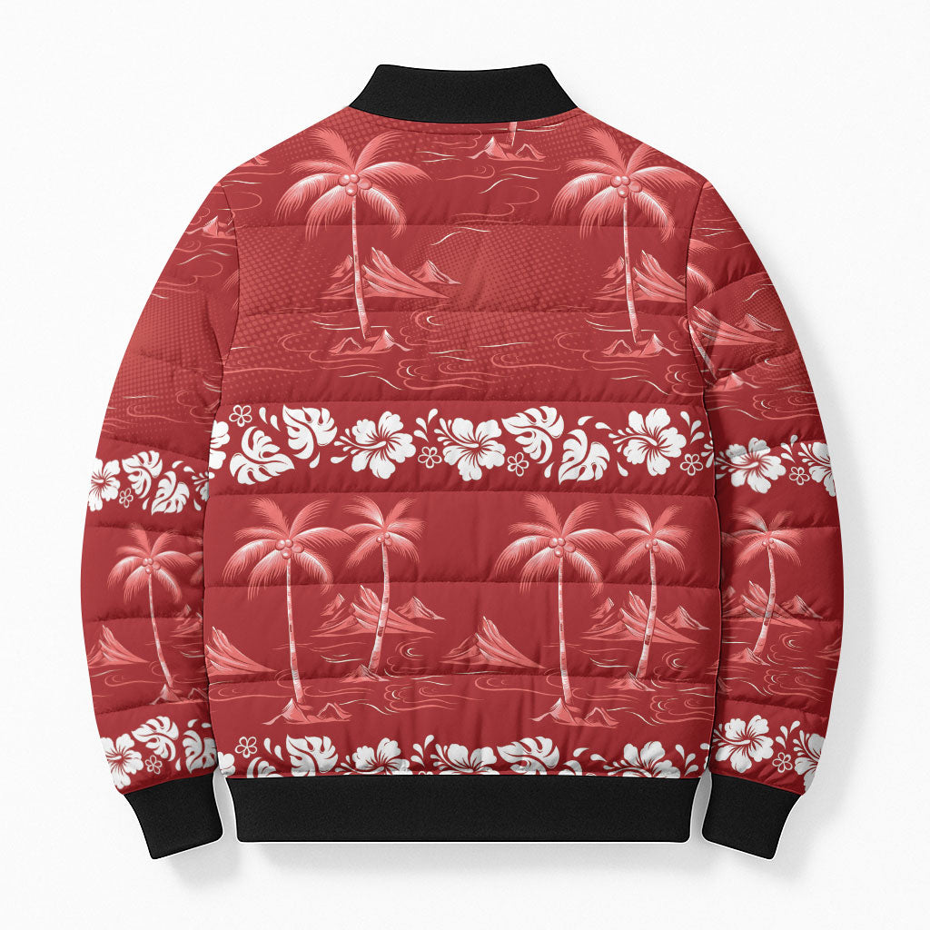 Red Hawaii Palm Tree Hibiscus Bomber Puffer Jacket Fantasy Summer Vibe