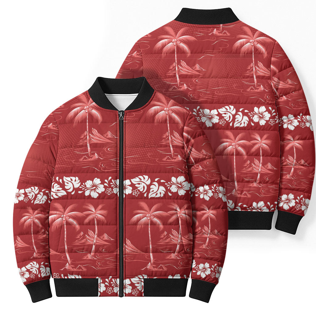 Red Hawaii Palm Tree Hibiscus Bomber Puffer Jacket Fantasy Summer Vibe
