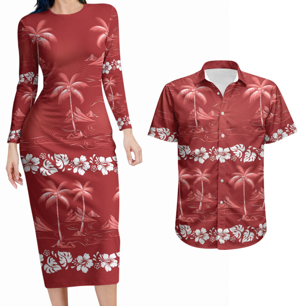Red Hawaii Palm Tree Hibiscus Couples Matching Long Sleeve Bodycon Dress and Hawaiian Shirt Fantasy Summer Vibe LT01 Red - Polynesian Pride