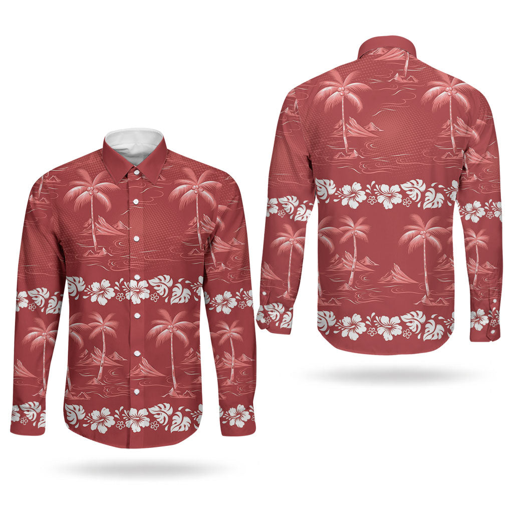 Red Hawaii Palm Tree Hibiscus Couples Matching Long Sleeve Bodycon Dress and Long Sleeve Button Shirt Fantasy Summer Vibe LT01 - Polynesian Pride