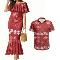 Red Hawaii Palm Tree Hibiscus Couples Matching Mermaid Dress and Hawaiian Shirt Fantasy Summer Vibe LT01 Red - Polynesian Pride