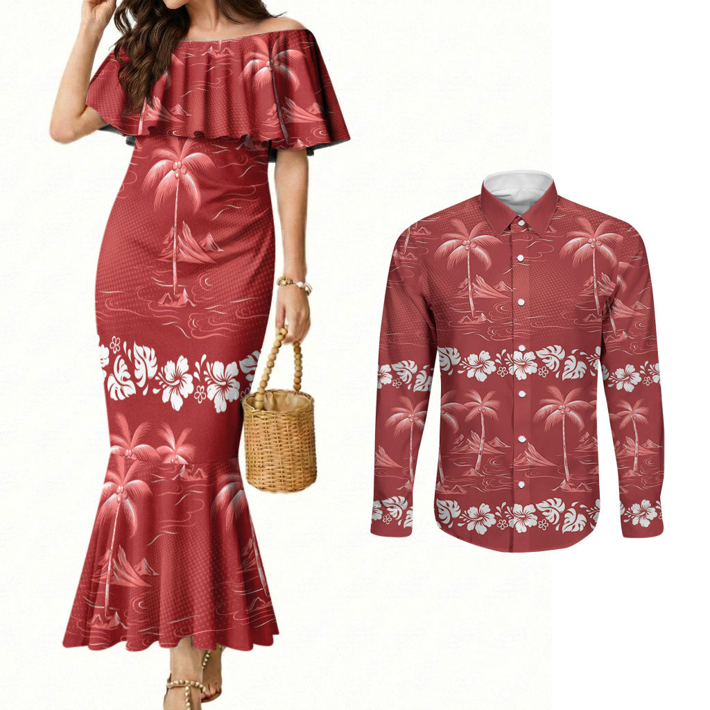 Red Hawaii Palm Tree Hibiscus Couples Matching Mermaid Dress and Long Sleeve Button Shirt Fantasy Summer Vibe