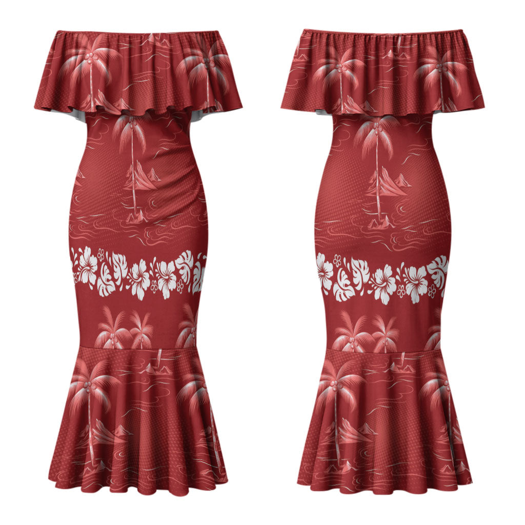 Red Hawaii Palm Tree Hibiscus Couples Matching Mermaid Dress and Long Sleeve Button Shirt Fantasy Summer Vibe