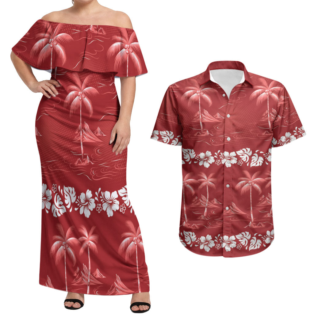 Red Hawaii Palm Tree Hibiscus Couples Matching Off Shoulder Maxi Dress and Hawaiian Shirt Fantasy Summer Vibe LT01 Red - Polynesian Pride