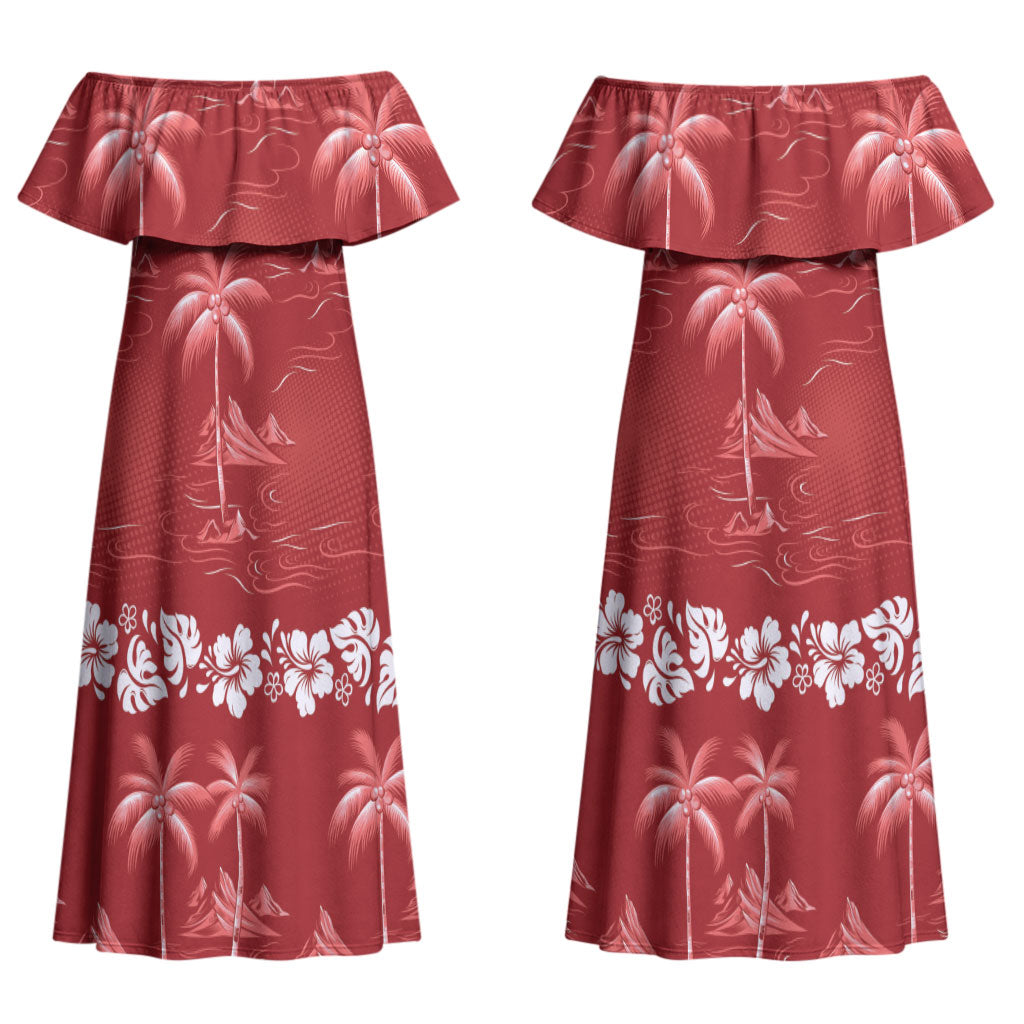 Red Hawaii Palm Tree Hibiscus Couples Matching Off Shoulder Maxi Dress and Hawaiian Shirt Fantasy Summer Vibe LT01 - Polynesian Pride