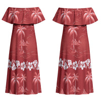 Red Hawaii Palm Tree Hibiscus Couples Matching Off Shoulder Maxi Dress and Hawaiian Shirt Fantasy Summer Vibe LT01 - Polynesian Pride