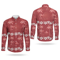Red Hawaii Palm Tree Hibiscus Couples Matching Off Shoulder Maxi Dress and Long Sleeve Button Shirt Fantasy Summer Vibe