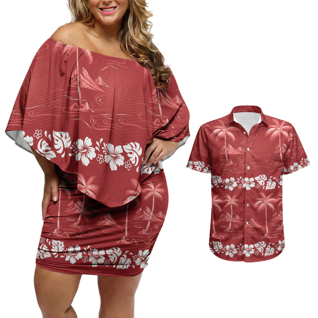Red Hawaii Palm Tree Hibiscus Couples Matching Off Shoulder Short Dress and Hawaiian Shirt Fantasy Summer Vibe LT01 Red - Polynesian Pride
