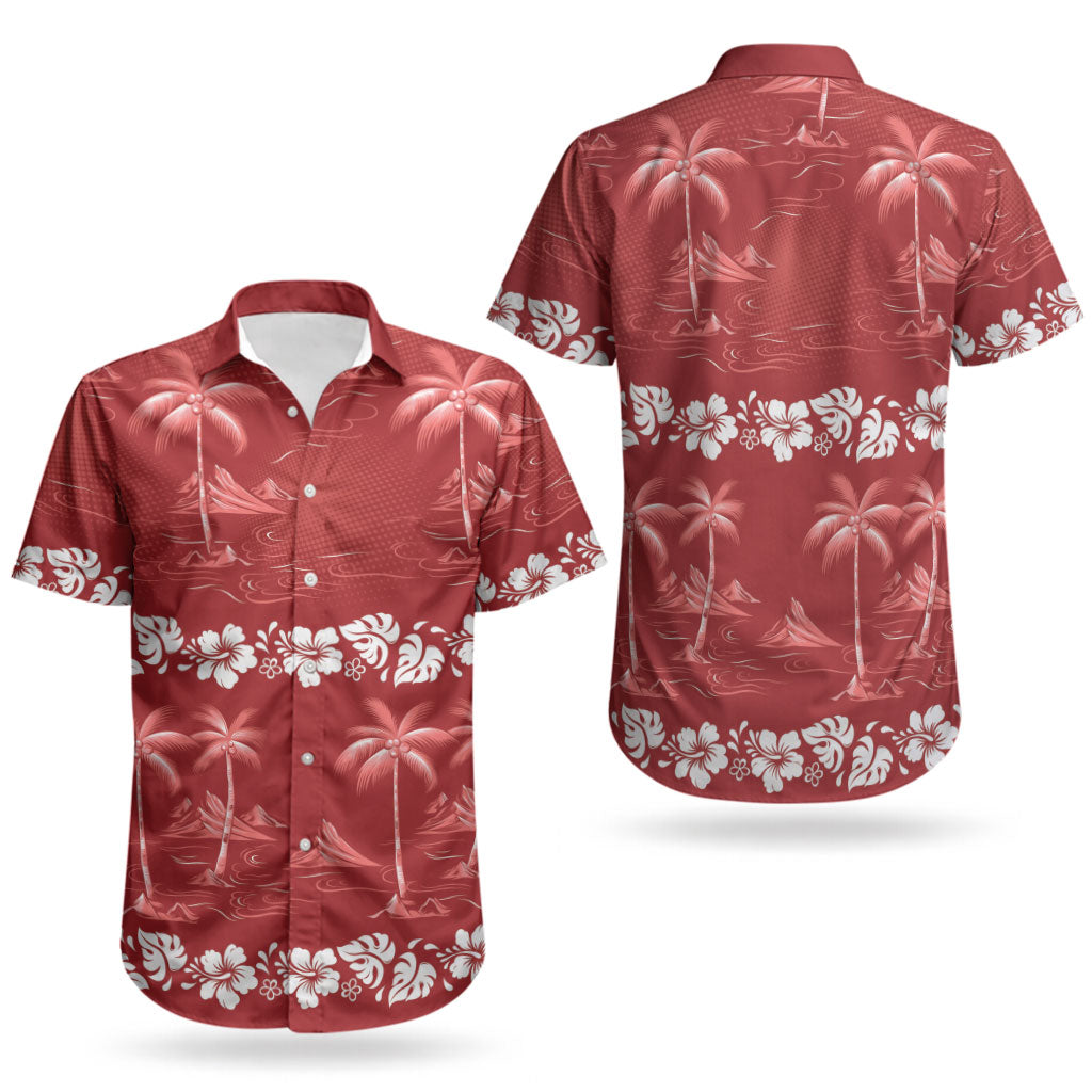Red Hawaii Palm Tree Hibiscus Couples Matching Off Shoulder Short Dress and Hawaiian Shirt Fantasy Summer Vibe LT01 - Polynesian Pride