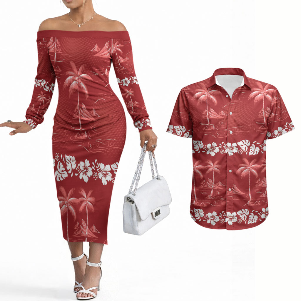 Red Hawaii Palm Tree Hibiscus Couples Matching Off The Shoulder Long Sleeve Dress and Hawaiian Shirt Fantasy Summer Vibe LT01 Red - Polynesian Pride