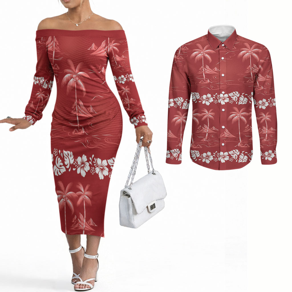Red Hawaii Palm Tree Hibiscus Couples Matching Off The Shoulder Long Sleeve Dress and Long Sleeve Button Shirt Fantasy Summer Vibe
