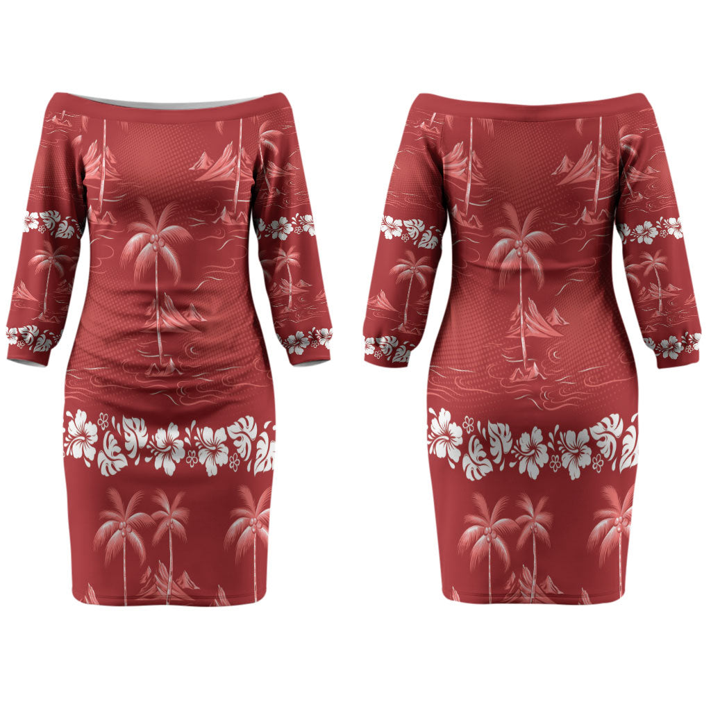 Red Hawaii Palm Tree Hibiscus Couples Matching Off The Shoulder Long Sleeve Dress and Long Sleeve Button Shirt Fantasy Summer Vibe