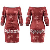 Red Hawaii Palm Tree Hibiscus Couples Matching Off The Shoulder Long Sleeve Dress and Long Sleeve Button Shirt Fantasy Summer Vibe