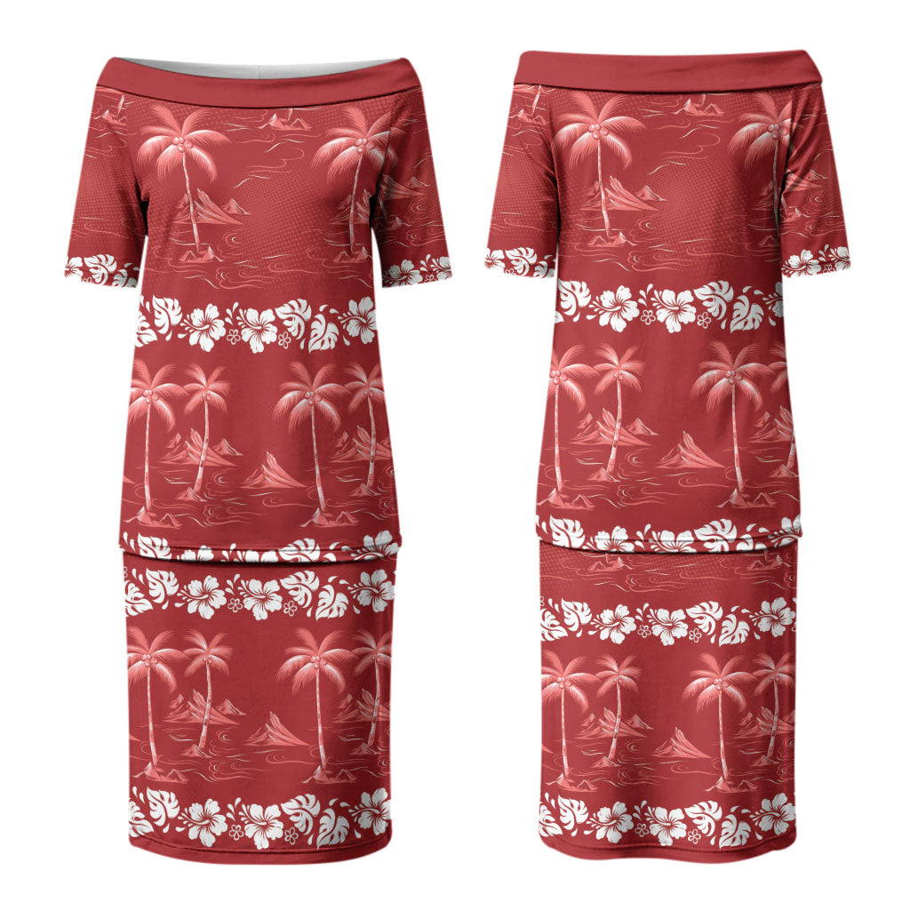 Red Hawaii Palm Tree Hibiscus Couples Matching Puletasi and Long Sleeve Button Shirt Fantasy Summer Vibe LT01 - Polynesian Pride
