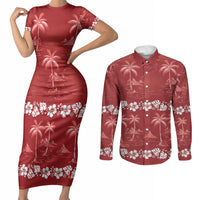 Red Hawaii Palm Tree Hibiscus Couples Matching Short Sleeve Bodycon Dress and Long Sleeve Button Shirt Fantasy Summer Vibe LT01 Red - Polynesian Pride