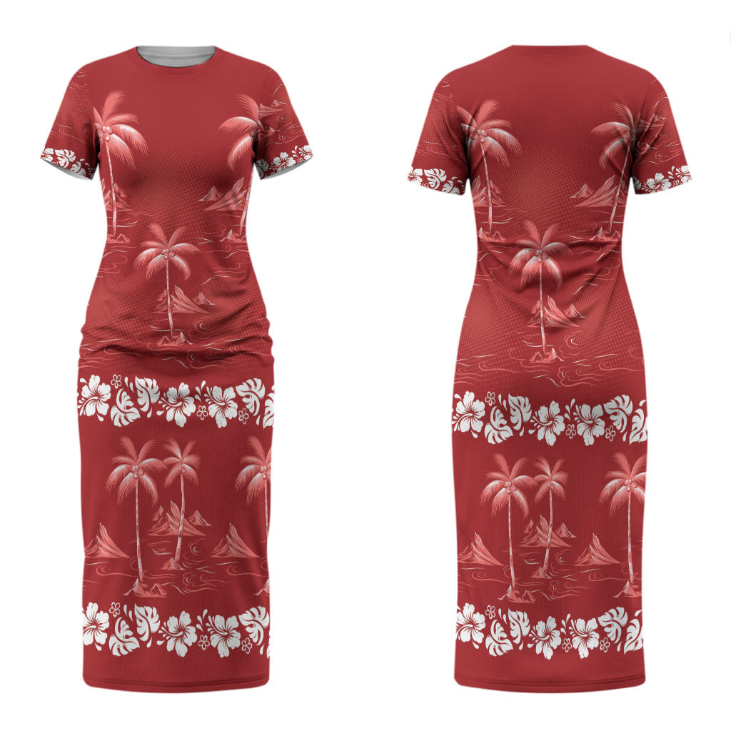 Red Hawaii Palm Tree Hibiscus Couples Matching Short Sleeve Bodycon Dress and Long Sleeve Button Shirt Fantasy Summer Vibe LT01 - Polynesian Pride