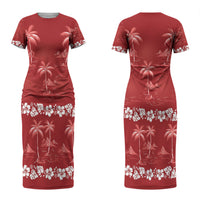 Red Hawaii Palm Tree Hibiscus Couples Matching Short Sleeve Bodycon Dress and Long Sleeve Button Shirt Fantasy Summer Vibe LT01 - Polynesian Pride