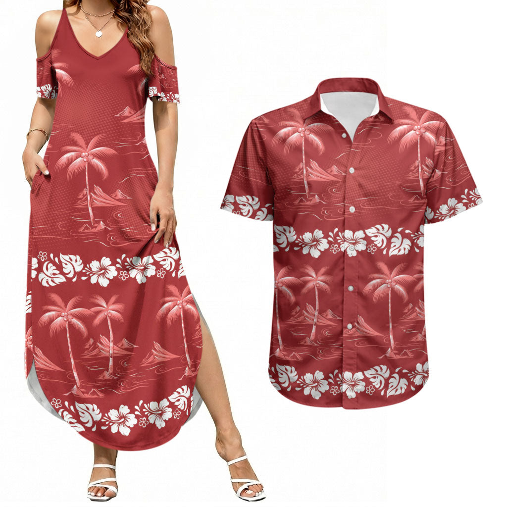 Red Hawaii Palm Tree Hibiscus Couples Matching Summer Maxi Dress and Hawaiian Shirt Fantasy Summer Vibe LT01 Red - Polynesian Pride