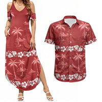 Red Hawaii Palm Tree Hibiscus Couples Matching Summer Maxi Dress and Hawaiian Shirt Fantasy Summer Vibe LT01 Red - Polynesian Pride