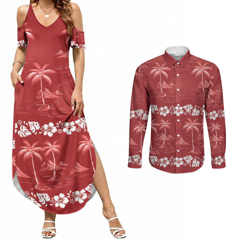Red Hawaii Palm Tree Hibiscus Couples Matching Summer Maxi Dress and Long Sleeve Button Shirt Fantasy Summer Vibe LT01 Red - Polynesian Pride