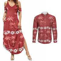 Red Hawaii Palm Tree Hibiscus Couples Matching Summer Maxi Dress and Long Sleeve Button Shirt Fantasy Summer Vibe LT01 Red - Polynesian Pride