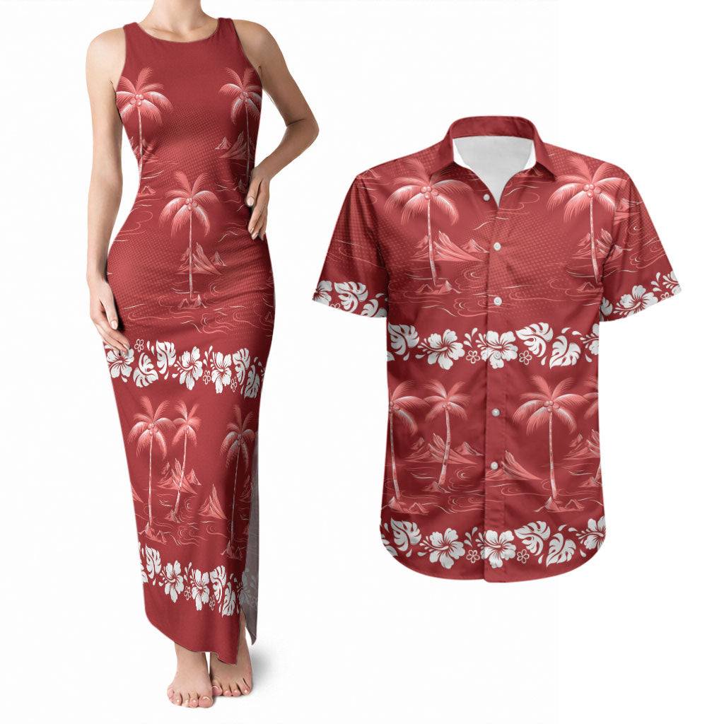 Red Hawaii Palm Tree Hibiscus Couples Matching Tank Maxi Dress and Hawaiian Shirt Fantasy Summer Vibe LT01 Red - Polynesian Pride