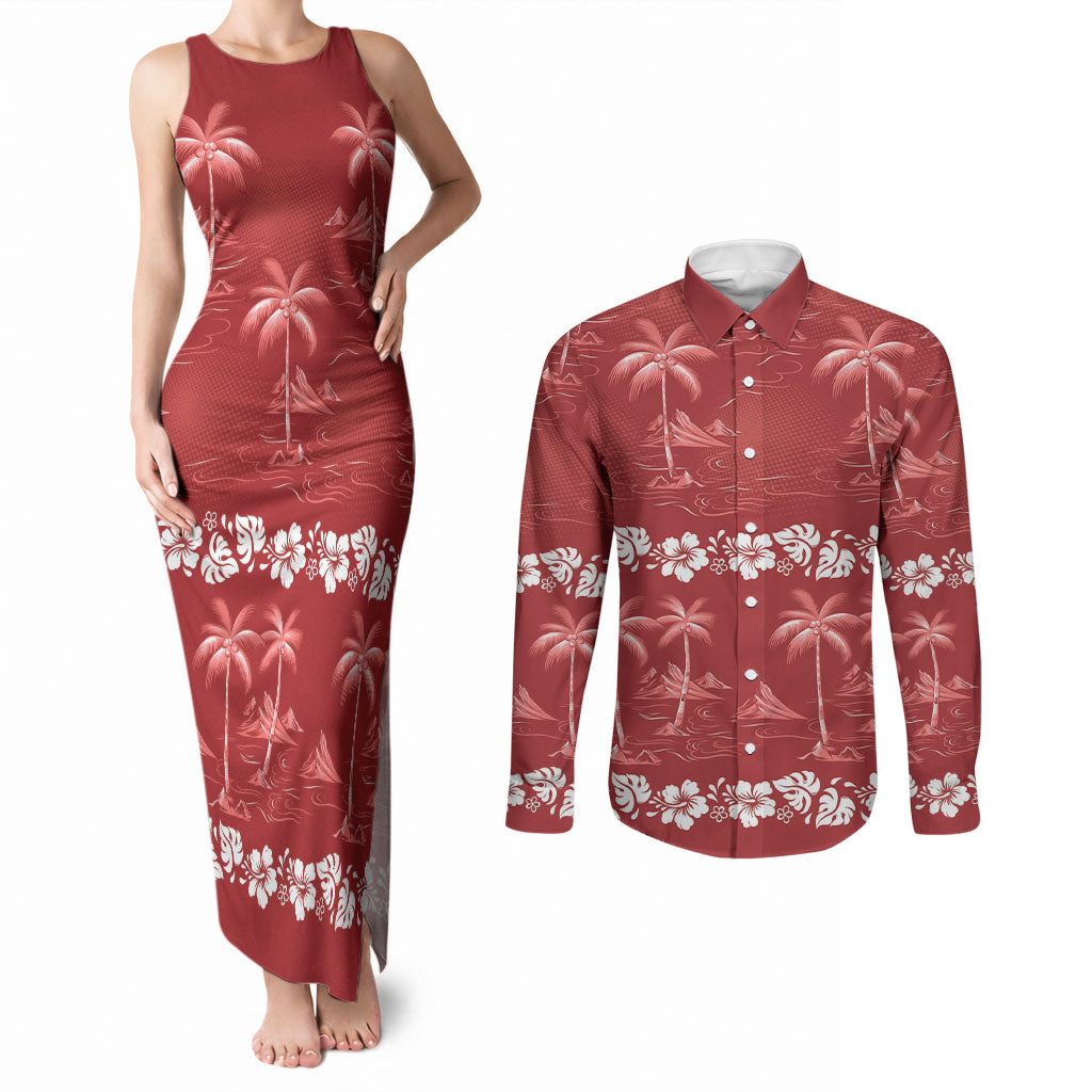 Red Hawaii Palm Tree Hibiscus Couples Matching Tank Maxi Dress and Long Sleeve Button Shirt Fantasy Summer Vibe