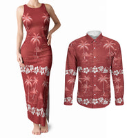 Red Hawaii Palm Tree Hibiscus Couples Matching Tank Maxi Dress and Long Sleeve Button Shirt Fantasy Summer Vibe