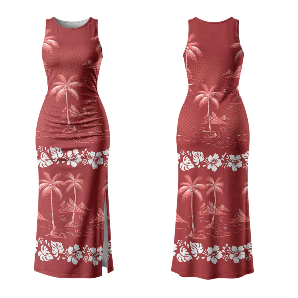 Red Hawaii Palm Tree Hibiscus Couples Matching Tank Maxi Dress and Long Sleeve Button Shirt Fantasy Summer Vibe