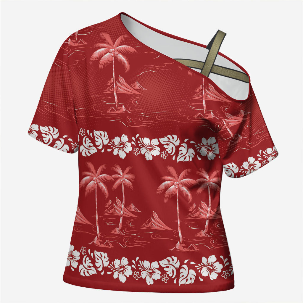 Red Hawaii Palm Tree Hibiscus Cross Shoulder Shirt Fantasy Summer Vibe