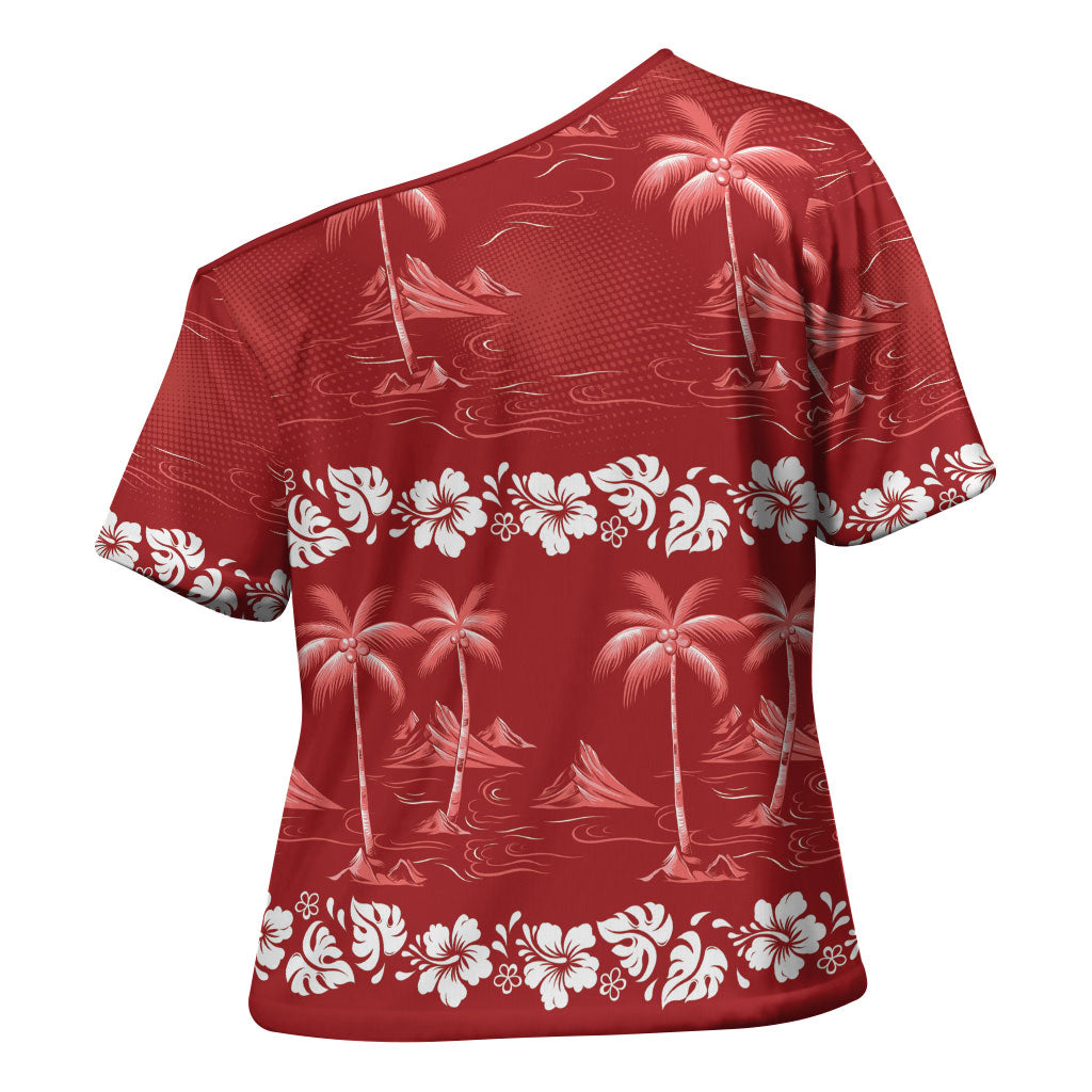 Red Hawaii Palm Tree Hibiscus Cross Shoulder Shirt Fantasy Summer Vibe