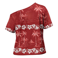 Red Hawaii Palm Tree Hibiscus Cross Shoulder Shirt Fantasy Summer Vibe