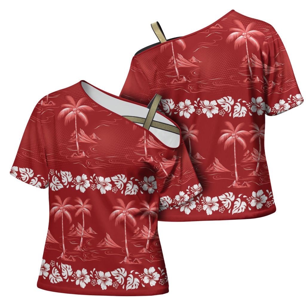 Red Hawaii Palm Tree Hibiscus Cross Shoulder Shirt Fantasy Summer Vibe