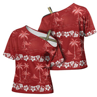 Red Hawaii Palm Tree Hibiscus Cross Shoulder Shirt Fantasy Summer Vibe