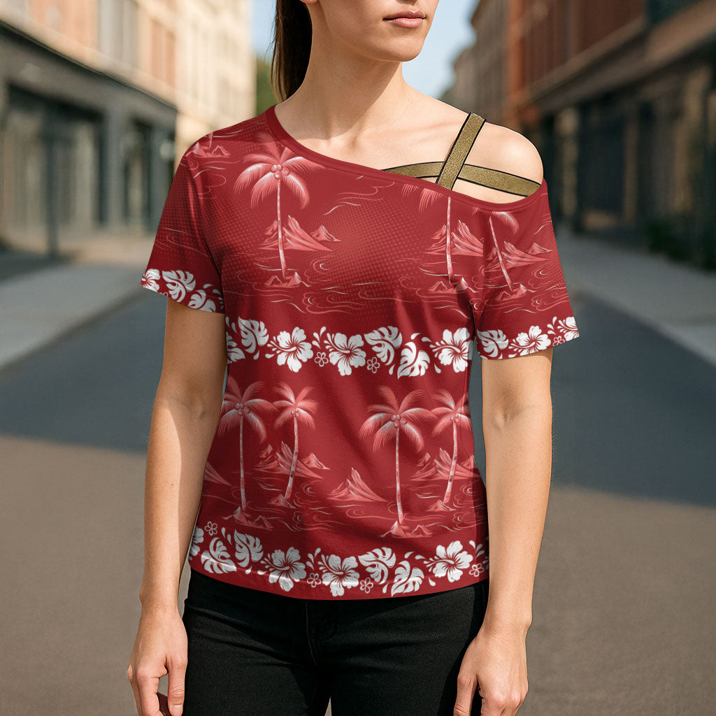 Red Hawaii Palm Tree Hibiscus Cross Shoulder Shirt Fantasy Summer Vibe