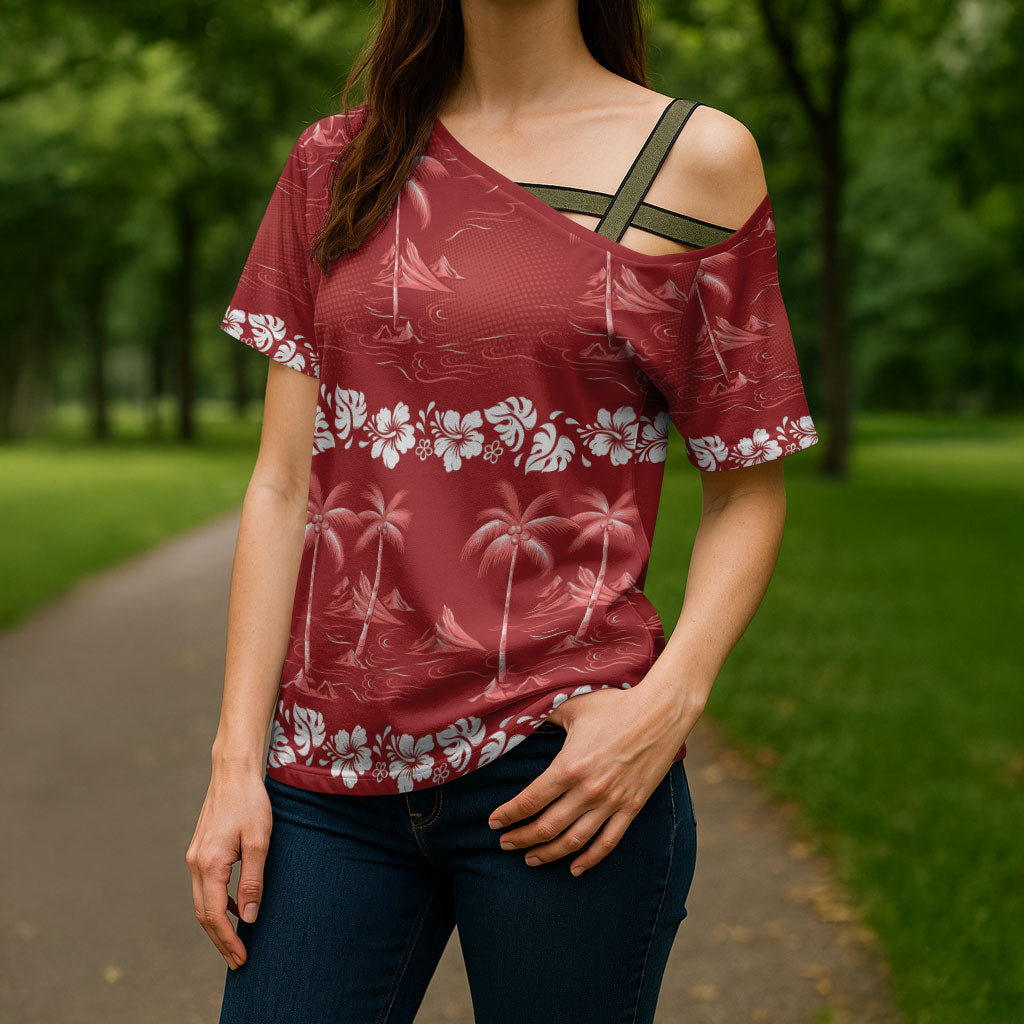 Red Hawaii Palm Tree Hibiscus Cross Shoulder Shirt Fantasy Summer Vibe
