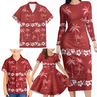 Red Hawaii Palm Tree Hibiscus Family Matching Long Sleeve Bodycon Dress and Hawaiian Shirt Fantasy Summer Vibe LT01 - Polynesian Pride