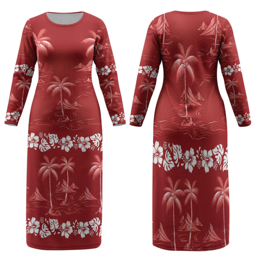 Red Hawaii Palm Tree Hibiscus Family Matching Long Sleeve Bodycon Dress and Hawaiian Shirt Fantasy Summer Vibe LT01 Mom's Dress Red - Polynesian Pride